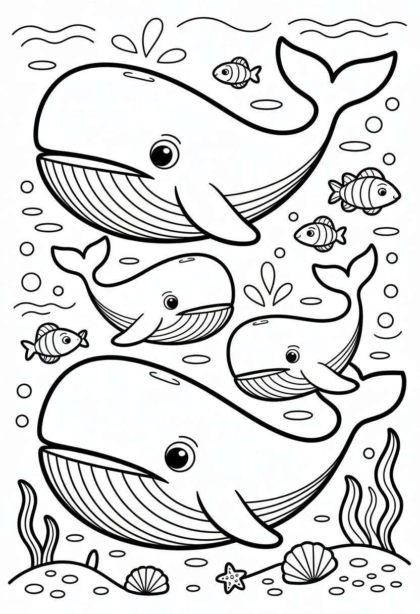 Whale Coloring Pages For Kids | 11 Fun and Educational Designs 8 A large whale swimming with two smaller baby whales in the ocean surrounded by fish, starfish, and seashells.